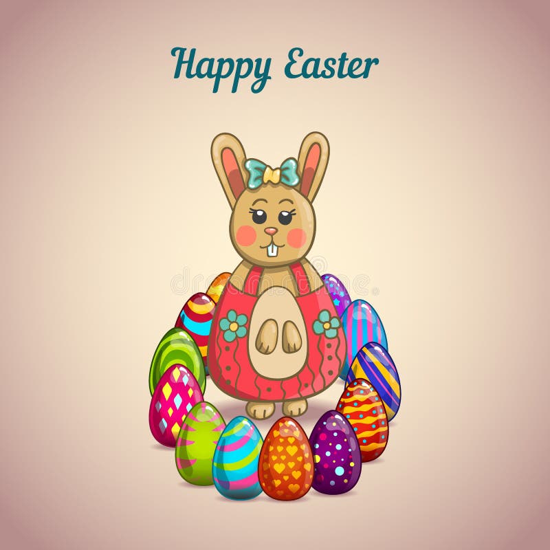 Cute Cartoon Easter Bunny with Colorfull Eggs Stock Vector ...