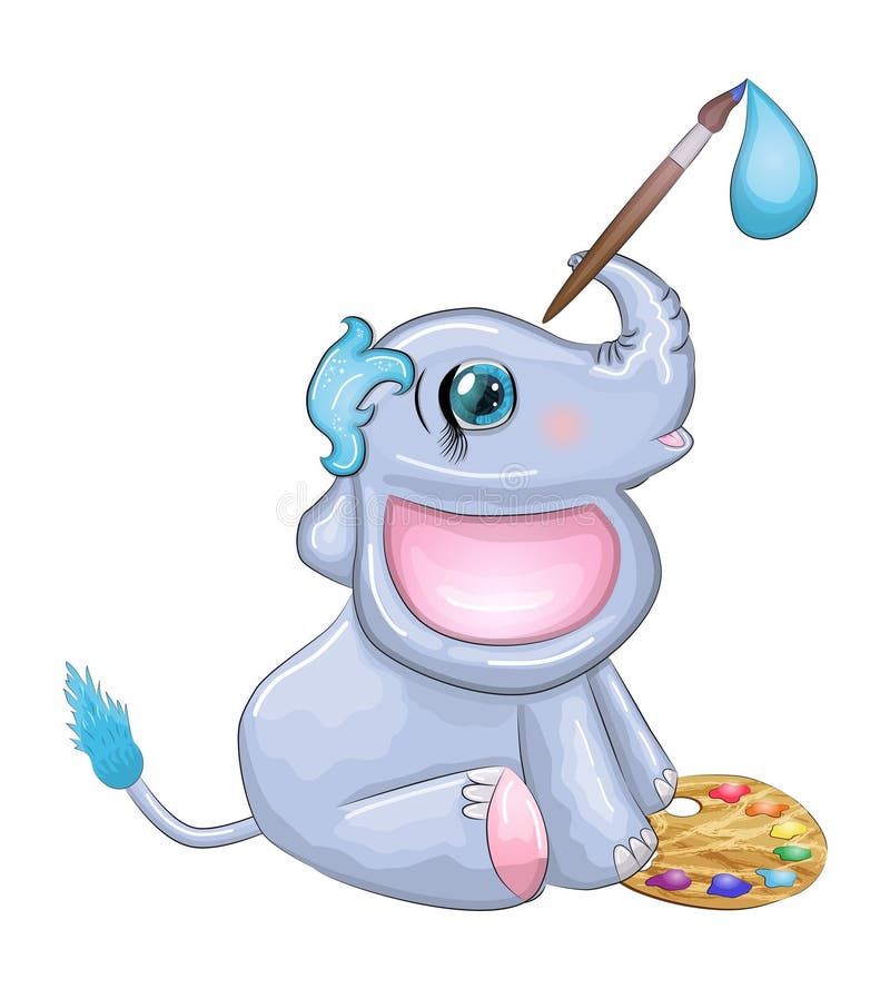 Cute Cartoon Elephant, Child Character with Beautiful Eyes with Paints ...