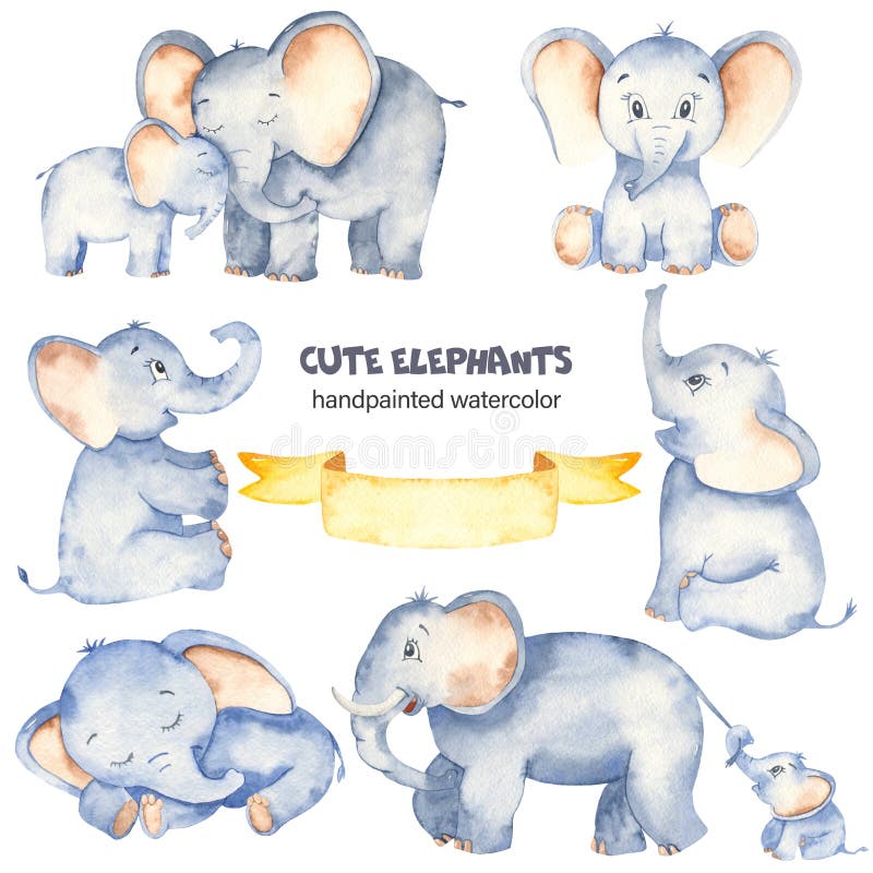 Cute cartoon elephants. Sitting and sleeping baby animals, mom and father elephants. Watercolor set clipart. Cute cartoon elephants. Sitting and sleeping baby animals, mom and father elephants. Watercolor set clipart