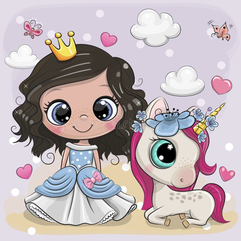 Cute Cartoon fairy tale Princess and Unicorn royalty free illustration