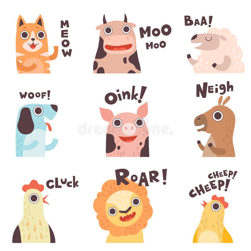 Cute Cartoon Farm Animal Making Sounds Set, Cat, Cow, Sheep, Dog, Pig,  Horse, Hen, Lion, Chick Saying Vector Stock Vector - Illustration of bark,  noise: 142907834