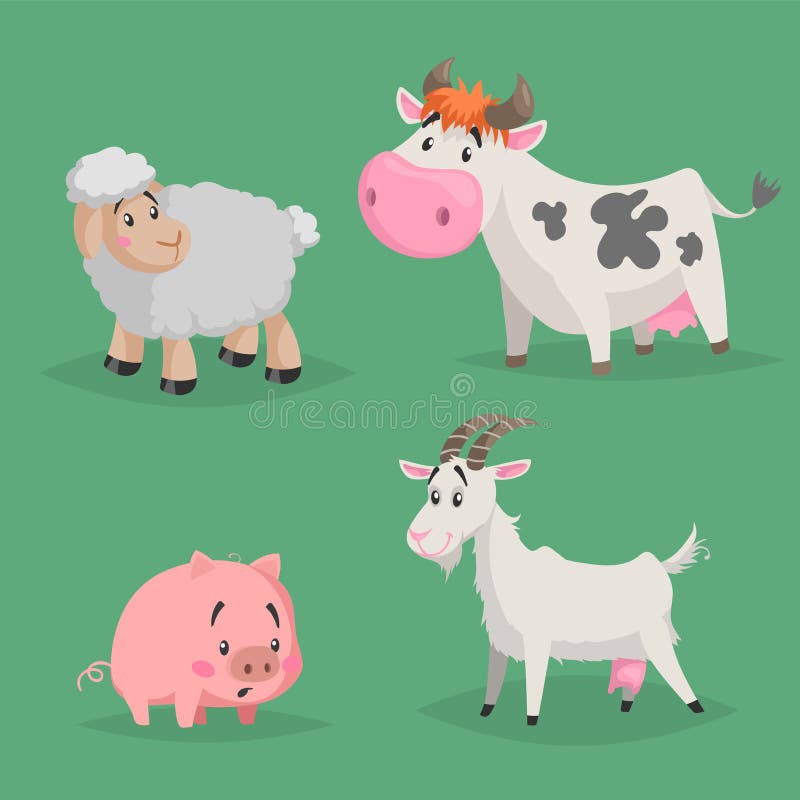 Cute cartoon farm animals set. Furry sheep, cow, pig and goat. Vector domestic characters illustration vector illustration