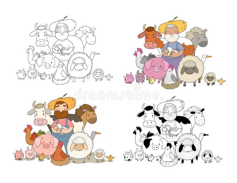 Cute cartoon farmer and animals. Country man and cow, horse and sheep, chicken and goose, pig and rooster.