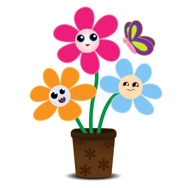 Cute Cartoon Flowers on a Flower Pot Stock Illustration - Illustration of  decoration, modern: 107411429