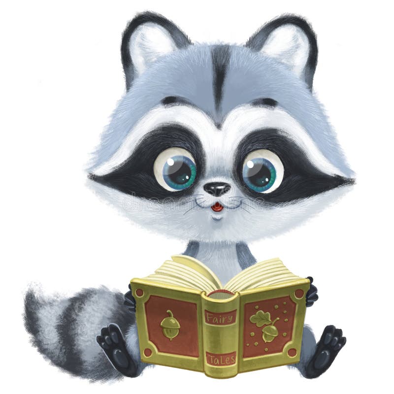 Cute Cartoon Fluffy Raccoon Sit on Floor and Read a Book Stock ...