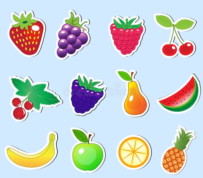 Cute Cartoon Fruit Sticker Set, Vector Illustration Stock Vector