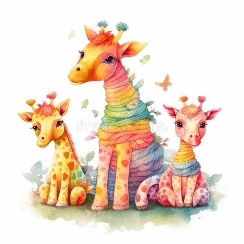 Cute Cartoon Giraffes Baby Watercolor. Kawaii. Digital Art. Concept Art