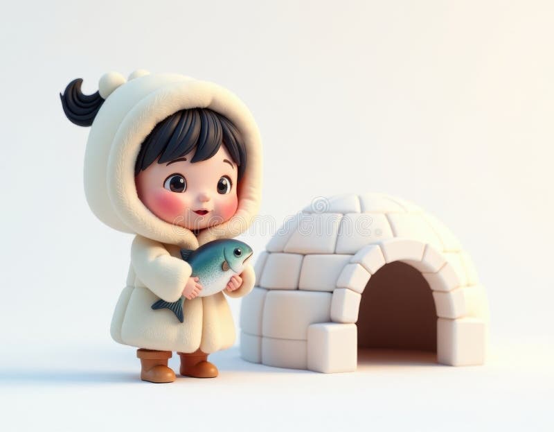 Cute Cartoon Girl in an Igloo with Fish - 3D Render stock illustration