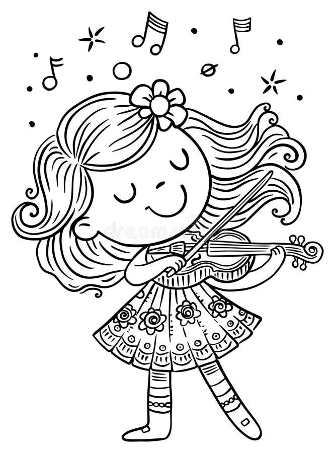 Cute cartoon girl plays music on the violin while standing on stage. Outline vector illustration. Coloring book page for kids