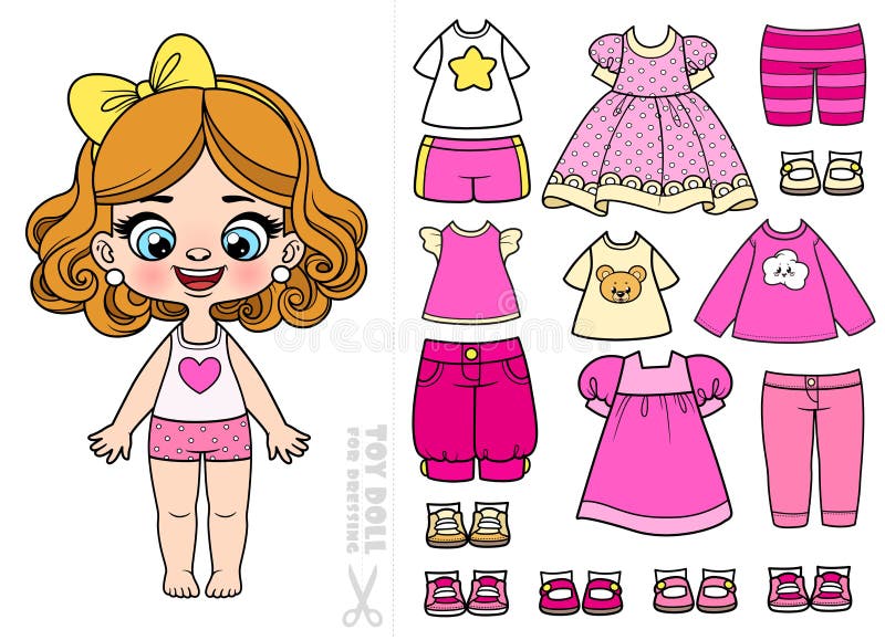 Cute Cartoon Girl in Underwear and with a Set of Pink and Beige Clothes ...