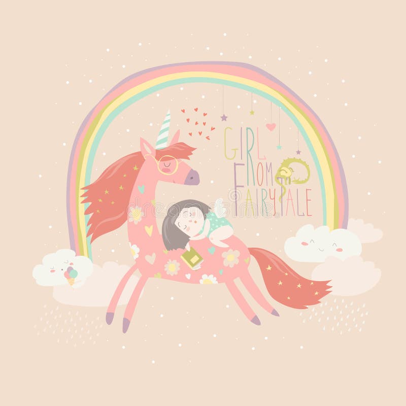 Cute Cartoon Girl with Unicorn Stock Vector Illustration of angel