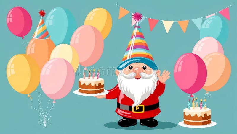 Cute cartoon gnome with cake, birthday flat design illustration royalty free illustration