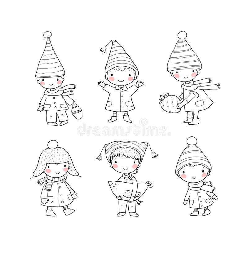 Cute cartoon gnomes . Forest elves. Little fairies. Little cheerful boys in winter hats