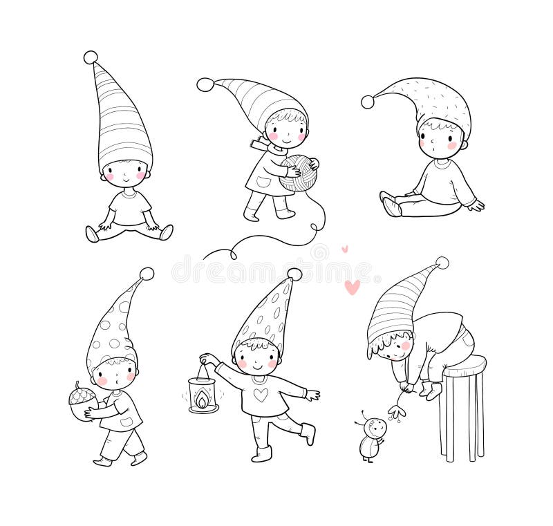 Cute cartoon gnomes . Forest elves. Little fairies. Little cheerful boys in winter hats