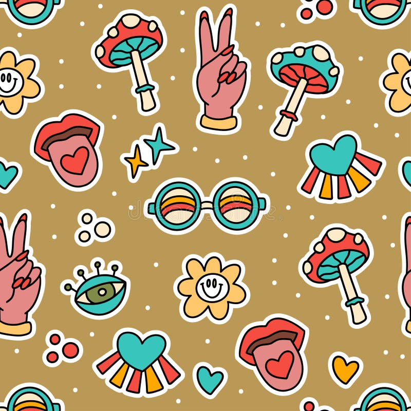 Cute Cartoon Groovy Mushroom Sticker Vector Seamless Pattern, Hippie ...