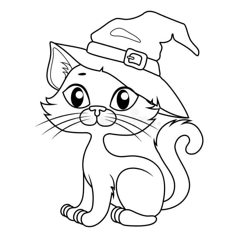 Cute Cartoon Halloween Cat in Halloween Hat. Black and White Vector