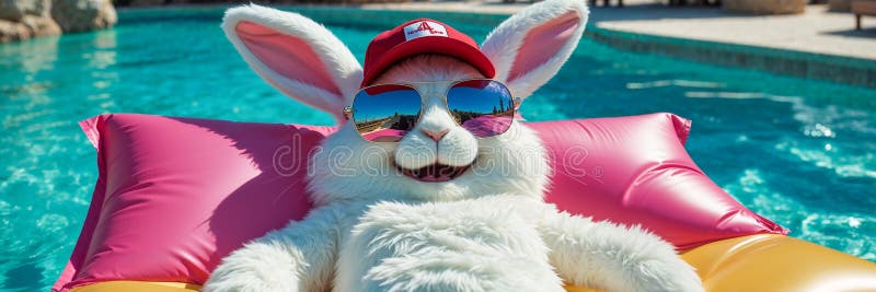 Cute cartoon hare inflatable mattress in pool in summer stock illustration