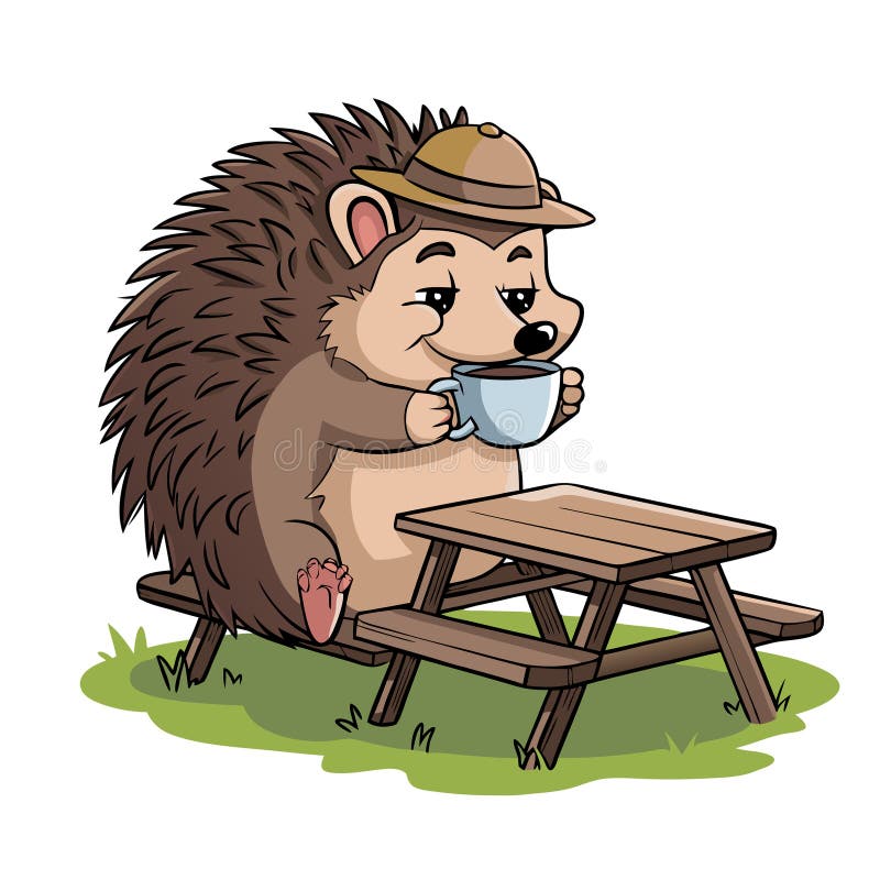 Cute Cartoon Hedgehog Drinking Coffee at Picnic Table with Explorer Hat royalty free illustration