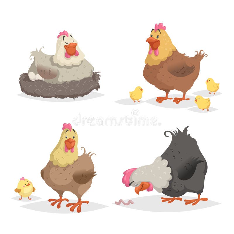 Cute cartoon hens set. Clockinh hen, mother with chickens, looking on wotm. Farm animals vector illustrations vector illustration