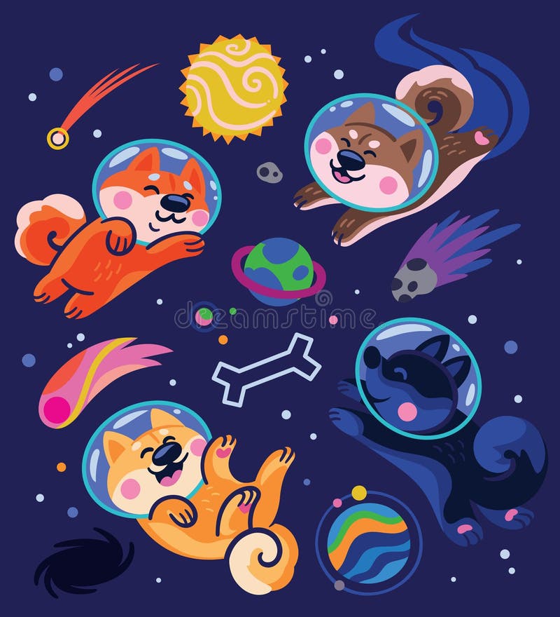 Cute cartoon huskies astronauts in the space vector illustration