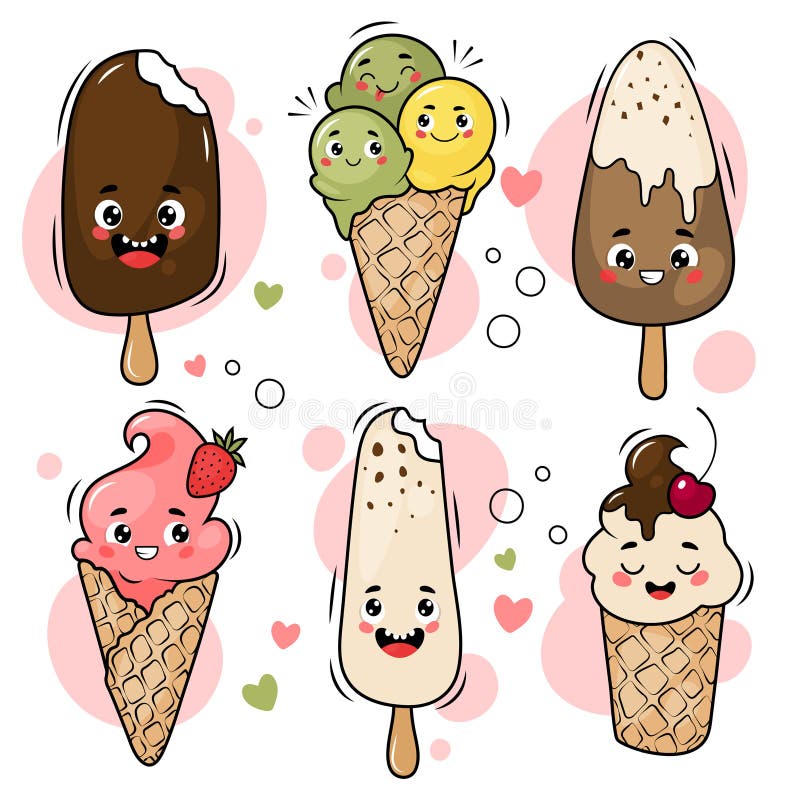 Cute Cartoon Ice Cream with Happy Face, Vector Collection Stock Vector
