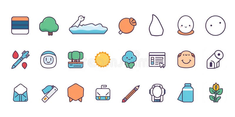Cute Cartoon Icons Set Colorful Design Elements Happy Characters Illustrations Graphic Pack Vector stock illustration