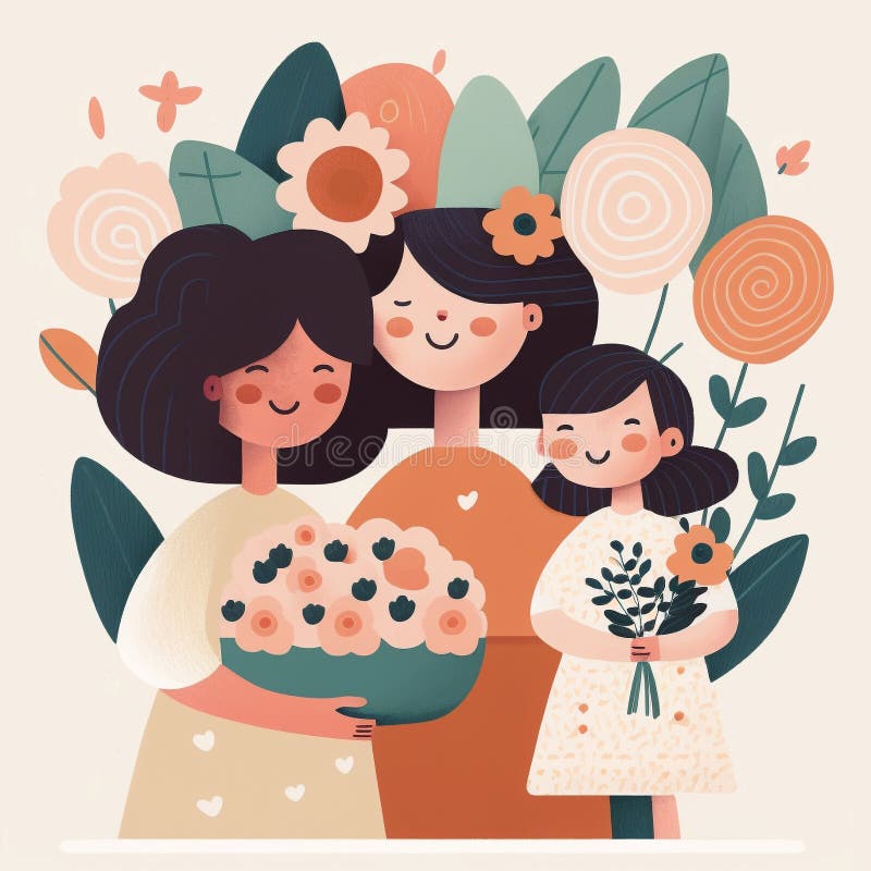 Cute Cartoon Illustration of Mom and Girls for Mothers Day, Daughters ...