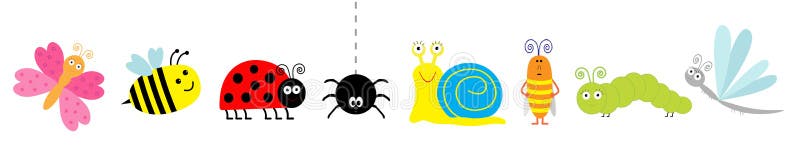 Cute cartoon insect set line. Ladybug, ladybird, bee, dragonfly, butterfly, caterpillar, spider, cockroach, snail. White