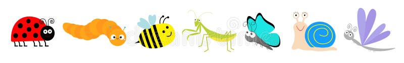 Cute cartoon insect set line. Mantis, ladybug, ladybird, bee, dragonfly, butterfly, caterpillar, snail. White background. Isolated