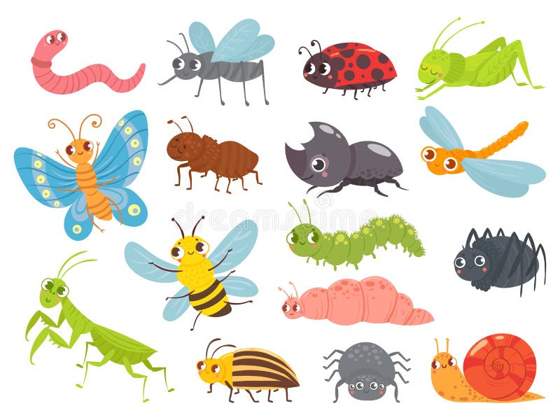 Cute cartoon insects. Funny caterpillar and butterfly, children bugs, mosquito and spider. Green grasshopper, ant and stock illustration