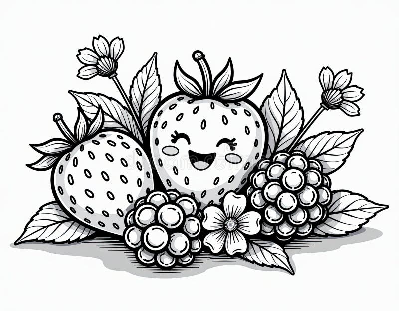 Cute Cartoon Jordgubbar och björnbär Färgsida Illustration vektor illustrationer
