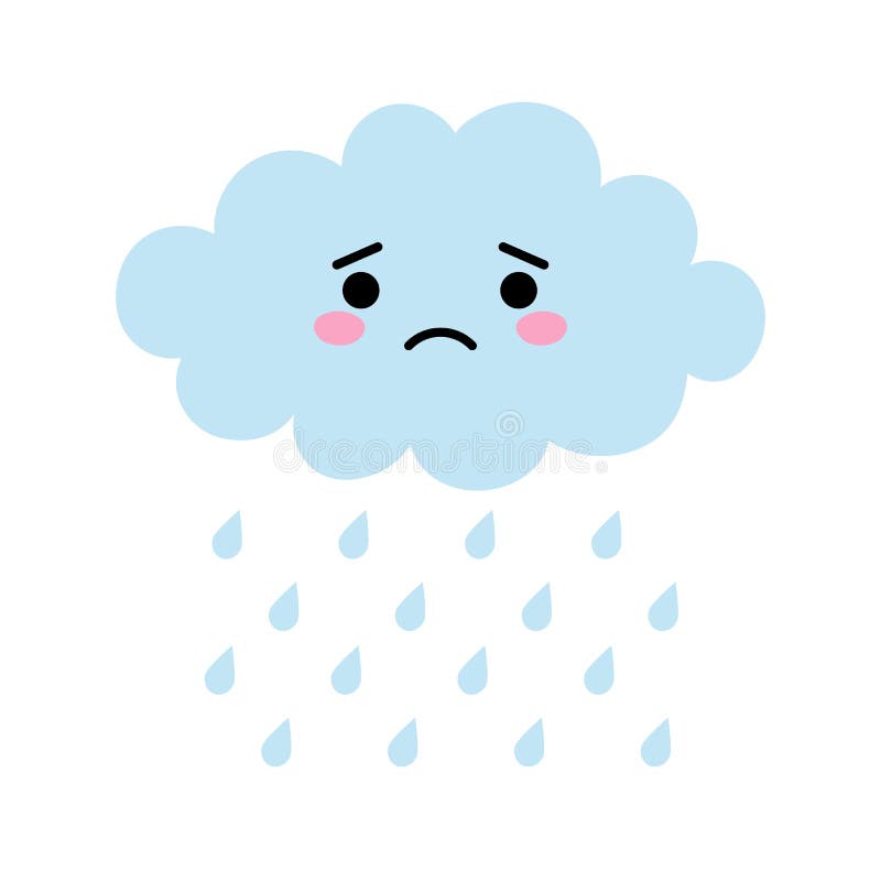 Cute Cartoon Kawaii Blue Cloud with Rain Drops with Sad Face Emotion ...