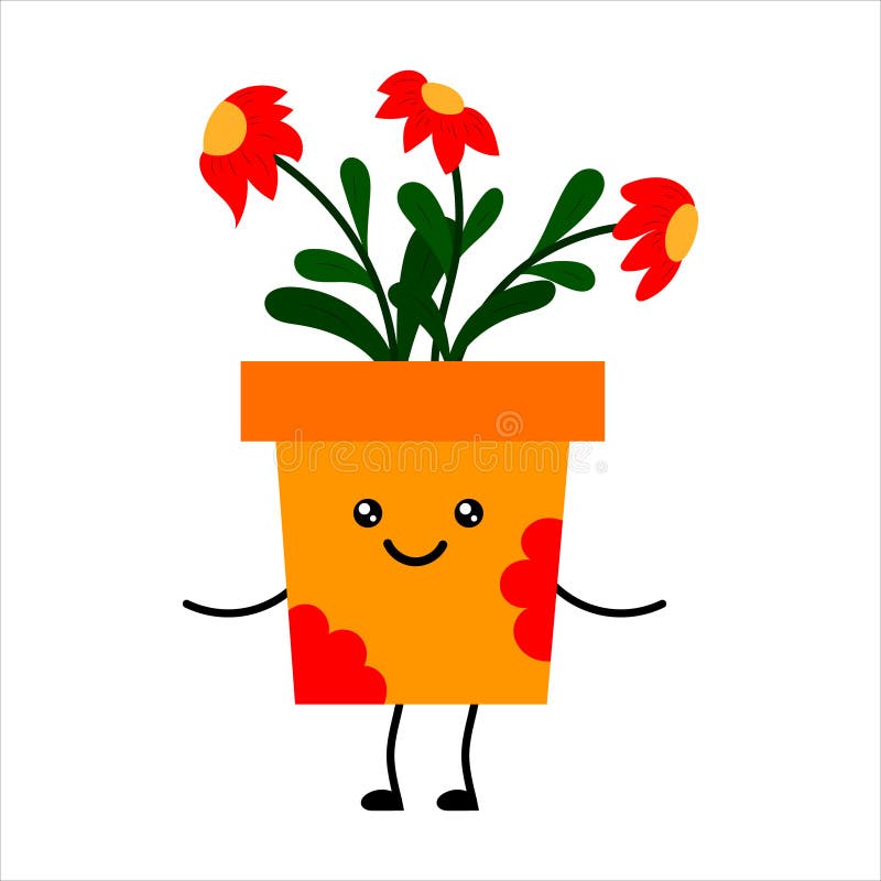 Cute cartoon kawaii plant in a pot. A plant with flowers. stock illustration