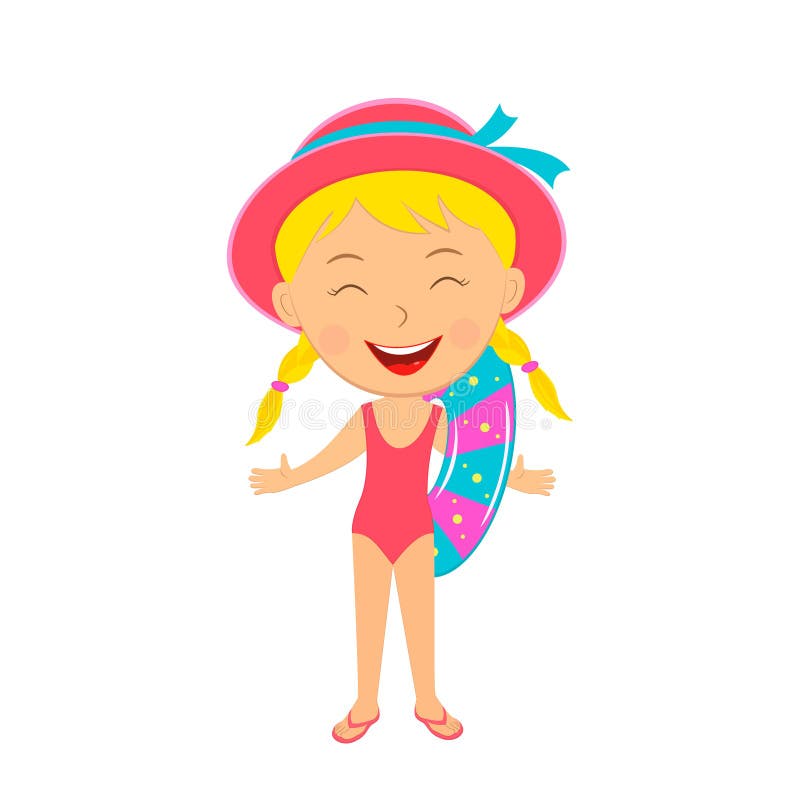 Cute Cartoon Little Girl with Swimming Ring Stock Vector - Illustration ...