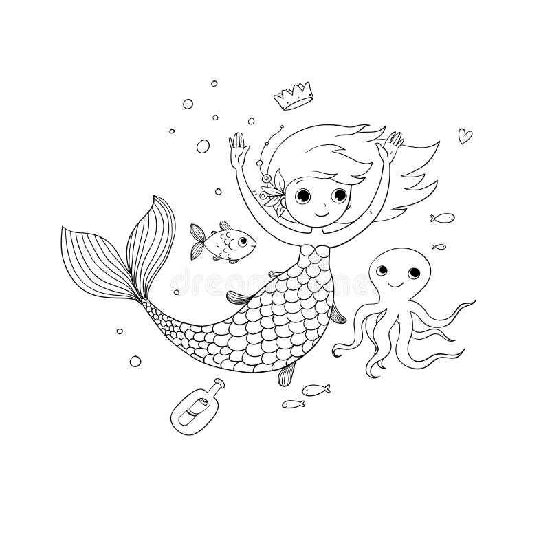 Cute Cartoon Little Mermaid. Siren. Sea Theme Stock Vector - Illustration  of fairy, black: 122359316