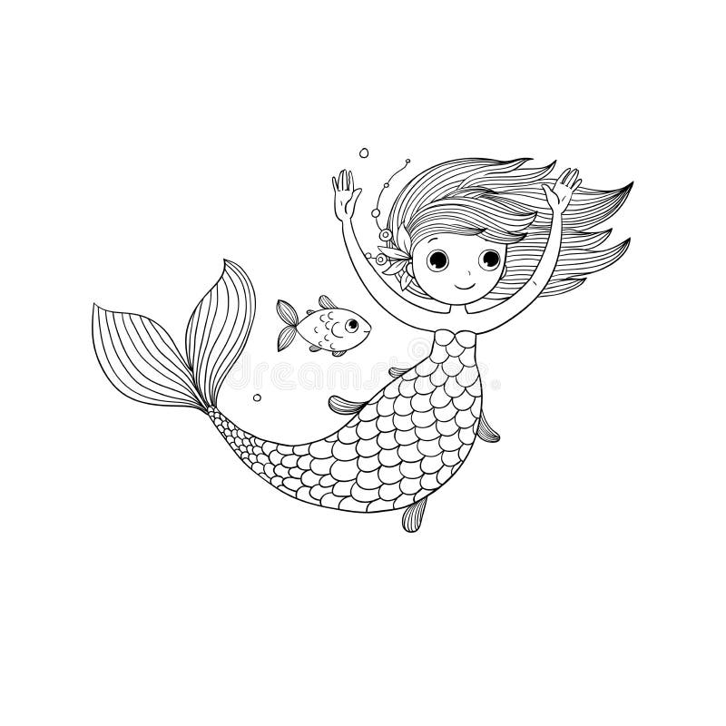 Cute Cartoon Little Mermaid. Siren. Sea Theme Stock Vector - Illustration  of cheerful, line: 120647856