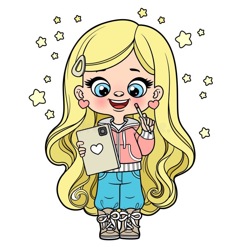 Cute cartoon long haired girl with electronic tablet and pencil color variation for coloring page on white stock illustration