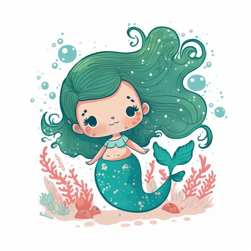 Cute Cartoon Mermaid in the Sea. Hand Drawn Vector Illustration Stock ...