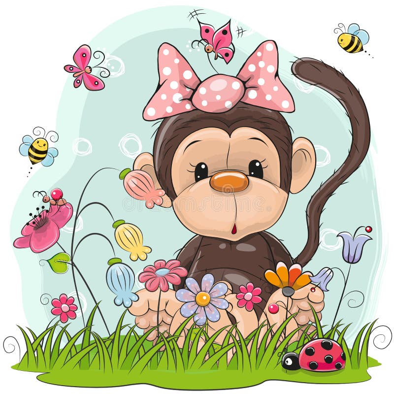 Cute Cartoon Girl on the meadow with flowers