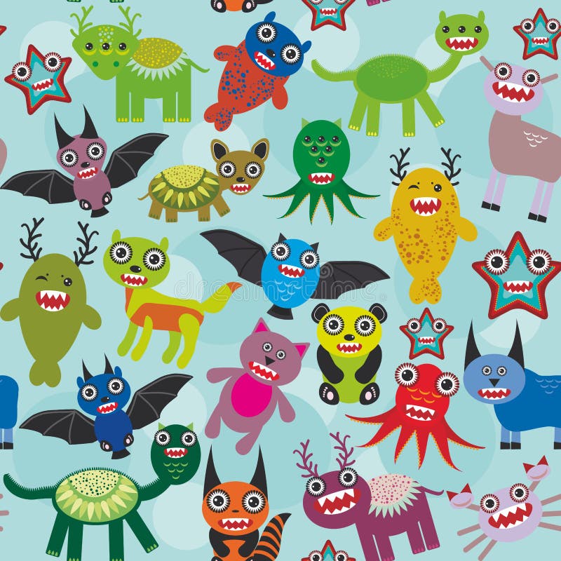 Cute Cartoon Monsters Seamless Pattern on Blue Background. Vector Stock ...