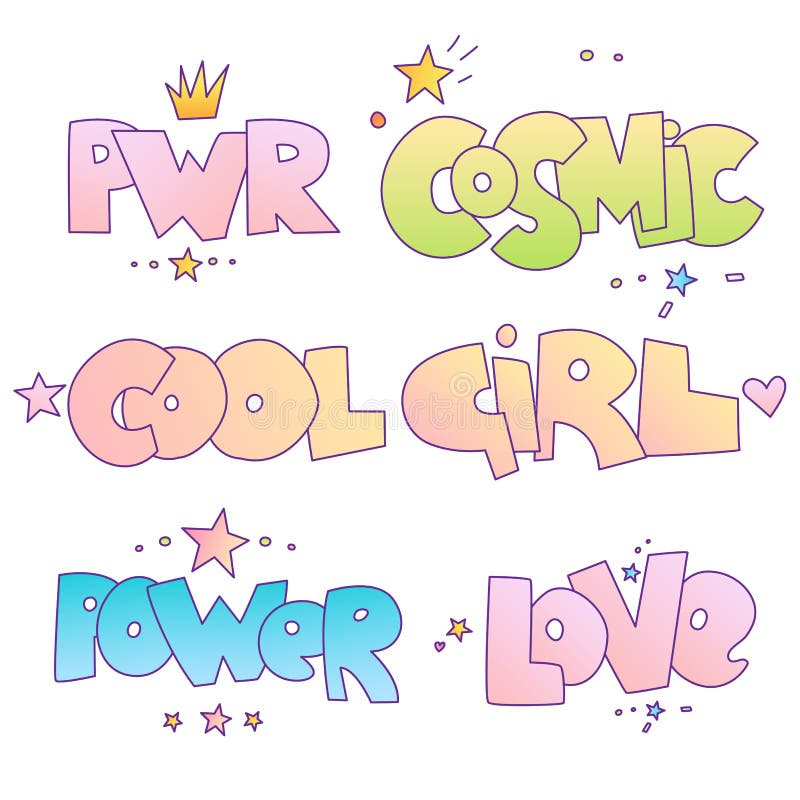 Cute cartoon motivational quotes and lettering for little princess and bad brave girl. Power, cosmic, cool girl and love words isolated on white background with star and crown, Girl power concept lettering