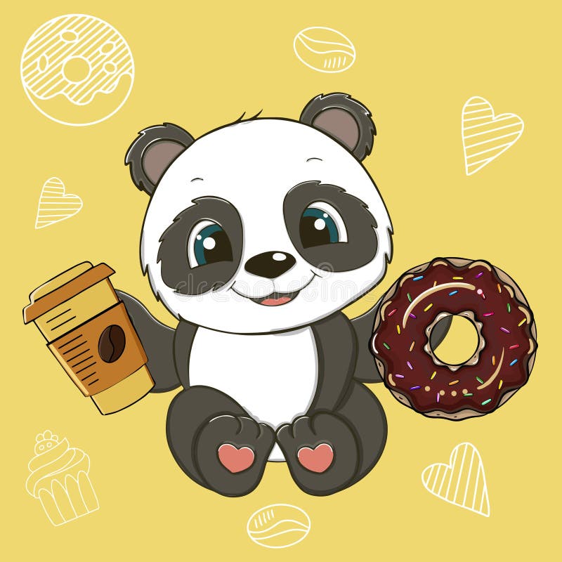 Cute Cartoon Panda with Coffee and Chocolate Donut. Vector Illustration.  Stock Vector - Illustration of sketch, character: 230246847