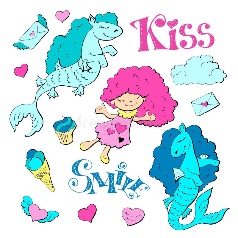 Cute cartoon patch princess with unicorns, hearts, cats and other elements for girls. vector illustration Cute cartoon patch princess with unicorns, hearts, cats and other elements for girls. vector illustration