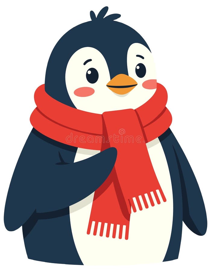 Cute Cartoon Penguin Red Scarf Winter Character Greeting vektor illustrationer