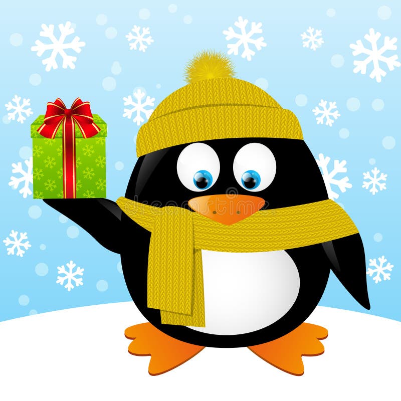 Cute cartoon penguin on winter background