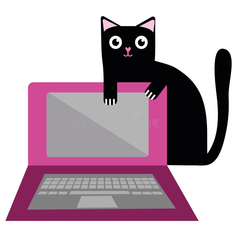 Cute cartoon pet cat and laptop vector illustration. Cheeky black kitty stares out from behind monitor and disrupts royalty free illustration