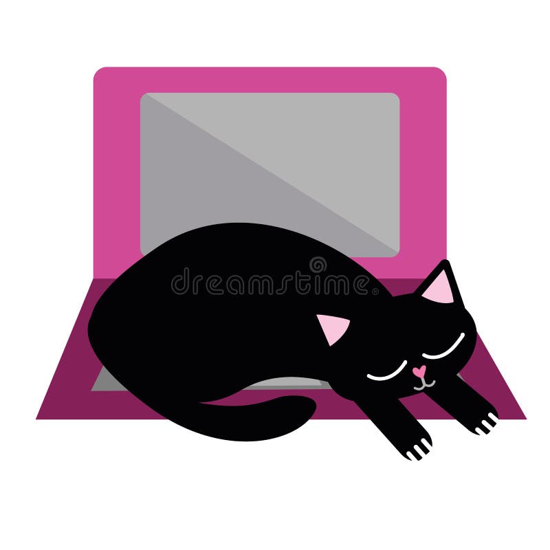 Cute cartoon pet cat and laptop vector illustration. Sleepy black kitty snoozes on keyboard and disrupts business office vector illustration