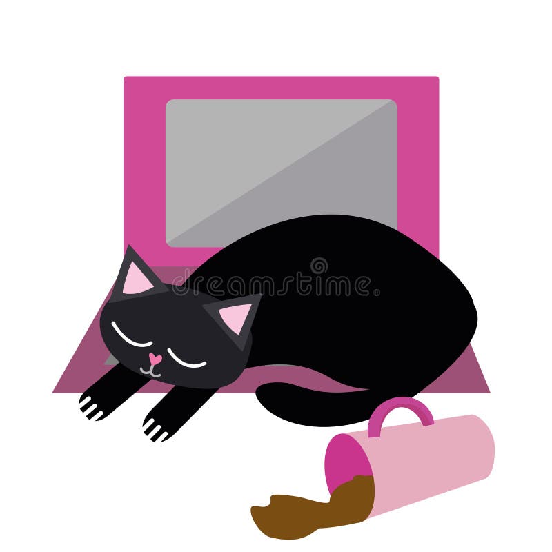 Cute cartoon pet cat and laptop vector illustration. Sleepy black kitty snoozes on keyboard with spilt coffee. Disrupted vector illustration