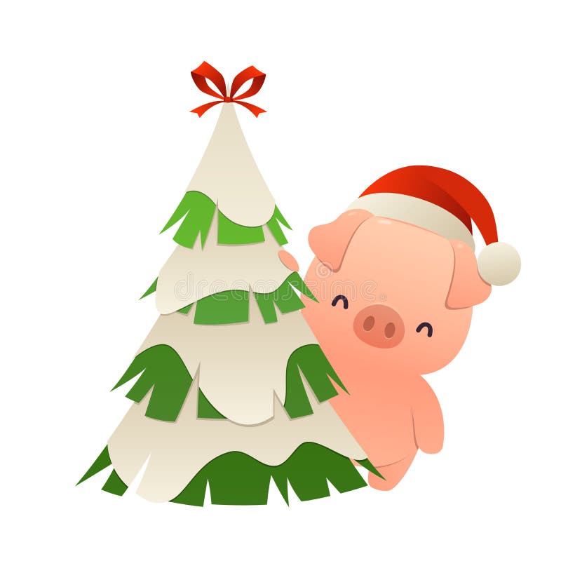 Cute Cartoon Pig Behind Christmas Tree Vector Stock Vector ...