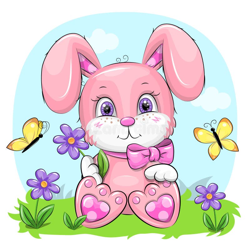 Cute Cartoon Pink Bunny with Flowers and Butterflies. Stock Vector ...